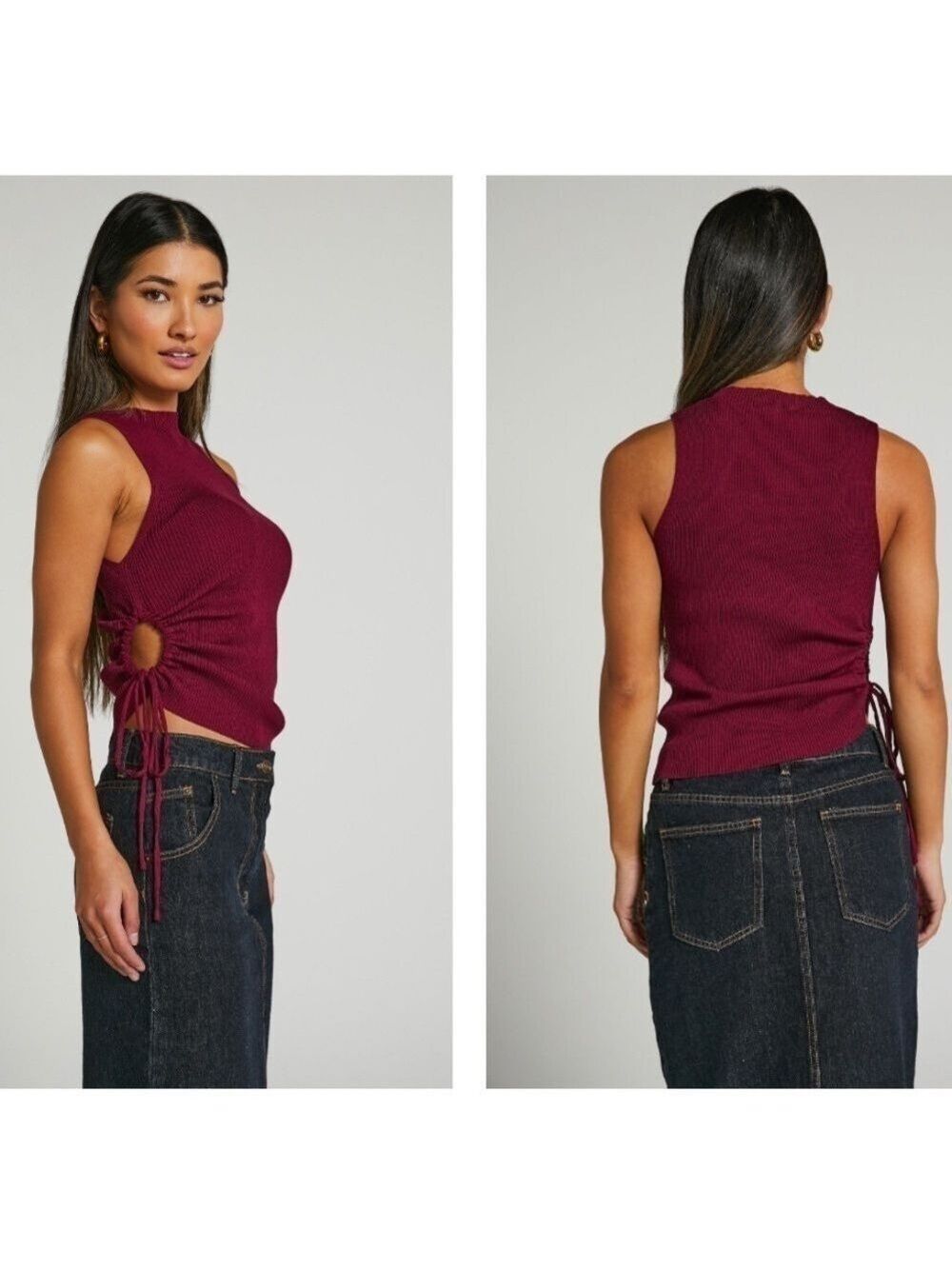 SHOWPO. WOMENS GISELLI TOP - KNIT RUCHED SIDE TANK TOP IN PLUM